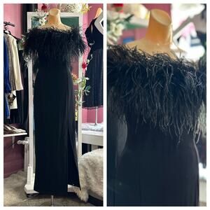 Vintage 90s Feather Trimmed Maxi Dress Black Sleeveless Formal Evening XS/S